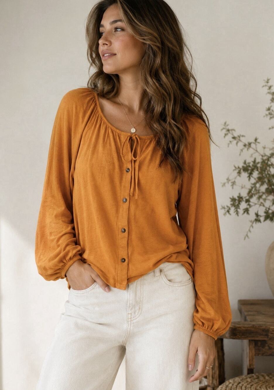 Pact Button Front Top Org Ctn Linen Mustard Orange Peasant LS Sz L
